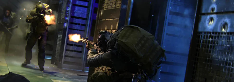 An exchange of gunfire around blue containers in official MW4 DMZ PvPvE promotional art.