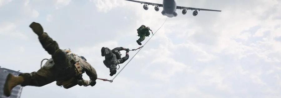 Operators beneath a transport aircraft in official MW4 DMZ extraction promotional art.