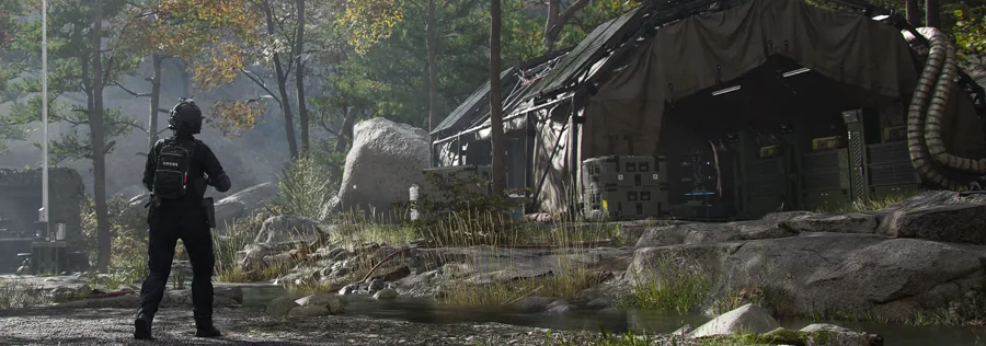 An Operator approaching a tented woodland base in official MW4 DMZ FOB promotional art.