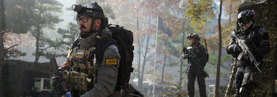 Three equipped Operators in a wooded area in the official MW4 DMZ Traits overview.
